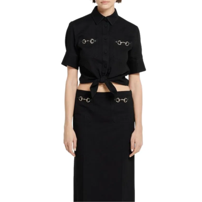 Женская рубашка из денима с пряжкой в виде уздечки GUCCI, Black — фото 4