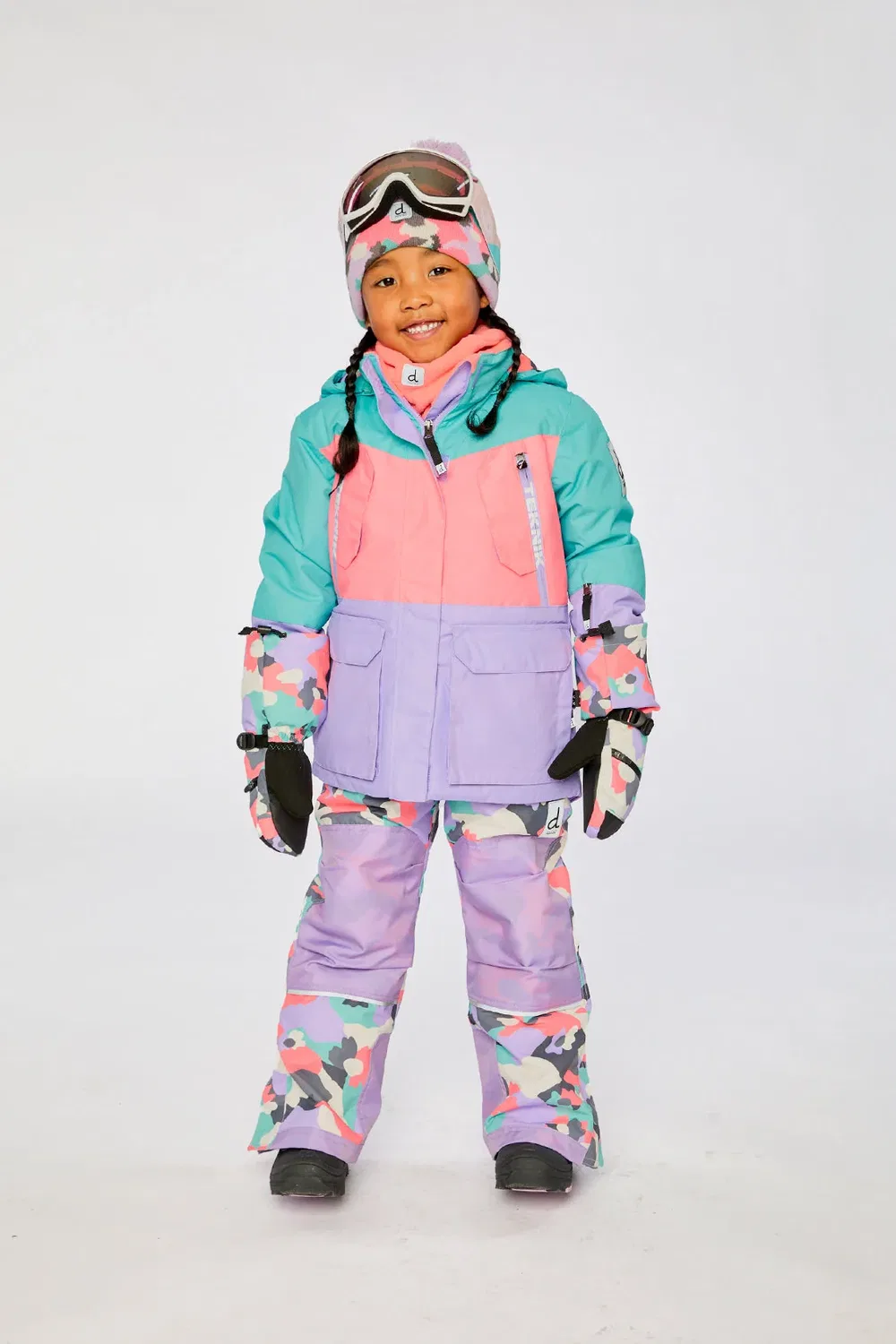 Детский комбинезон для девочек зимний утепленный Two Piece Teknik Snowsuit Deux par Deux, Turquoise Orange And Mauve — фото 2