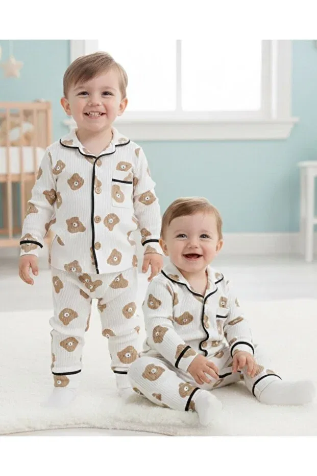 Детский пижамный комплект с принтом Teddy Bear Ege Bebek, Ecru
