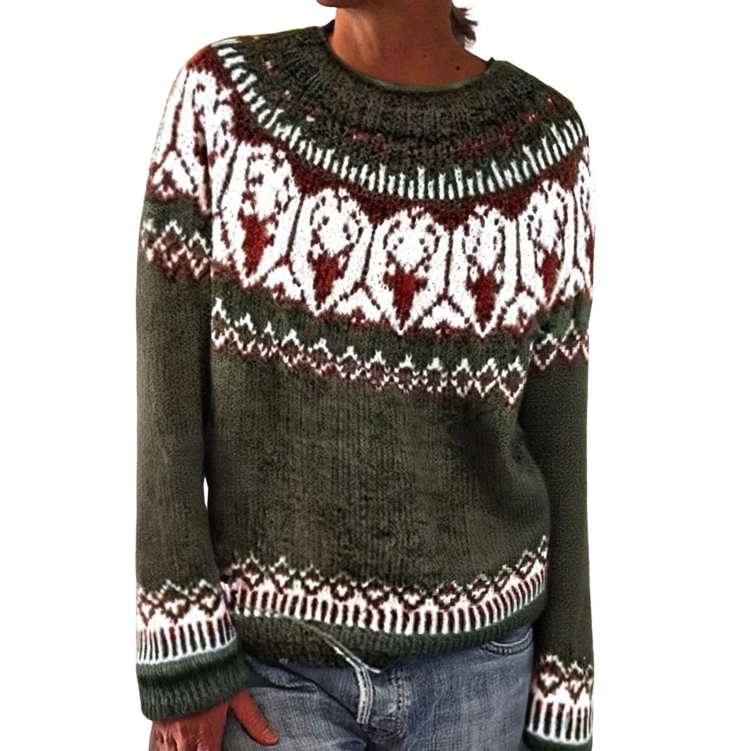 Женский свитер с нордическим узором Fairisle Wool Long Sleeve, Dark Grey