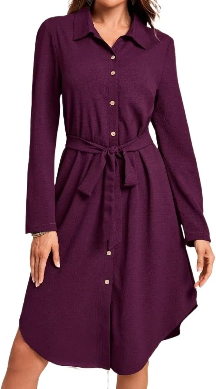 Женское платье-рубашка длинное с поясом, Violet Purple