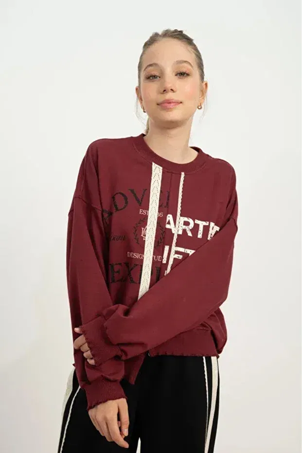 Детские свитшот для девочек с принтом 2-thread sweatshirt with extra for on the front Loco Loco, Бургунди — фото 2