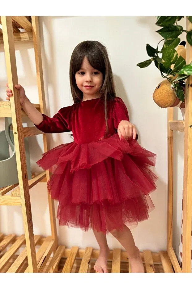 Детское платье для девочек бархатное с длинным рукавом Penu Baby Kids, Burgundy — фото 2
