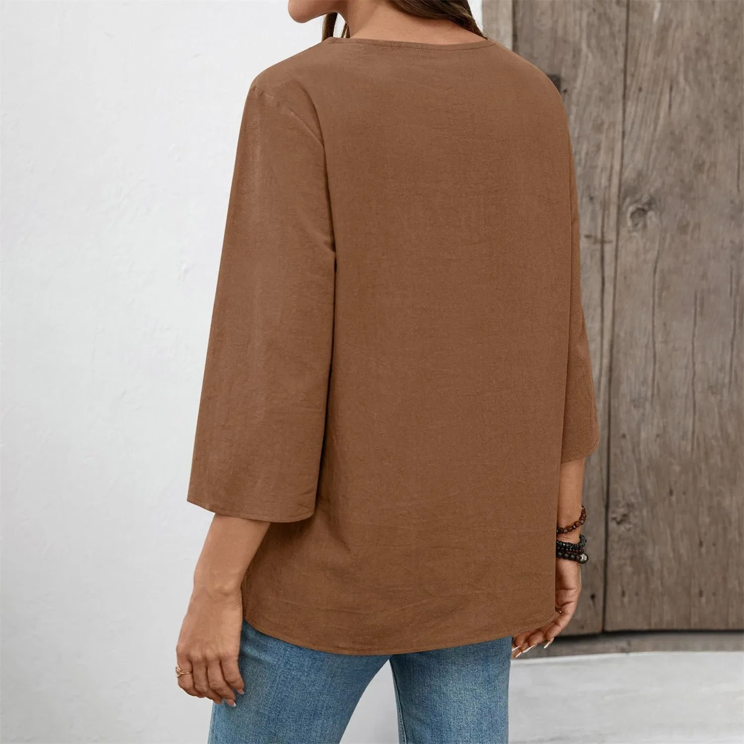 Женская льняная туника с вышивкой Retro 3/4 Sleeve Boho Casual Loose Fit Lightweight Summer Beach Blouse, D-brown — фото 3