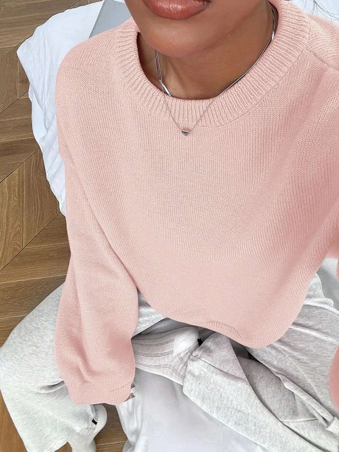 Женский пуловер с длинным рукавом, Plain Round Neck Long Sleeve Casual Pullover Sweater Fashion Outfits, розовый — фото 4