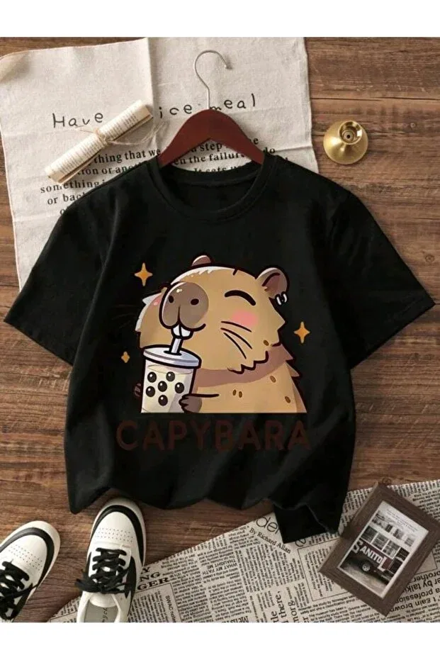 Детская футболка для девочек с принтом Capybara printed short sleeved t-shirt pack Magors, Black-Pink-Blue — фото 2