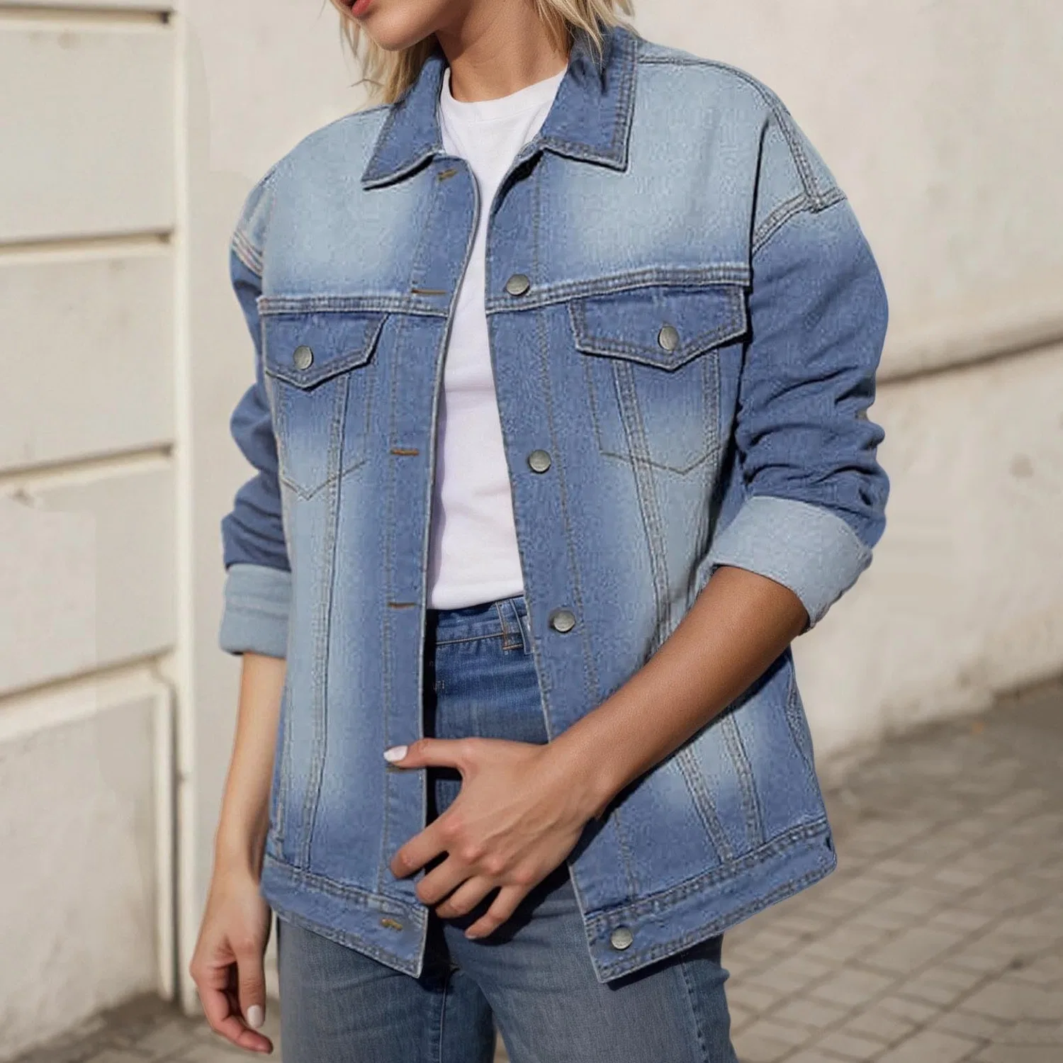 Женское джинсовое пальто с принтом Boyfriend Jean Jacket, Blu — фото 3
