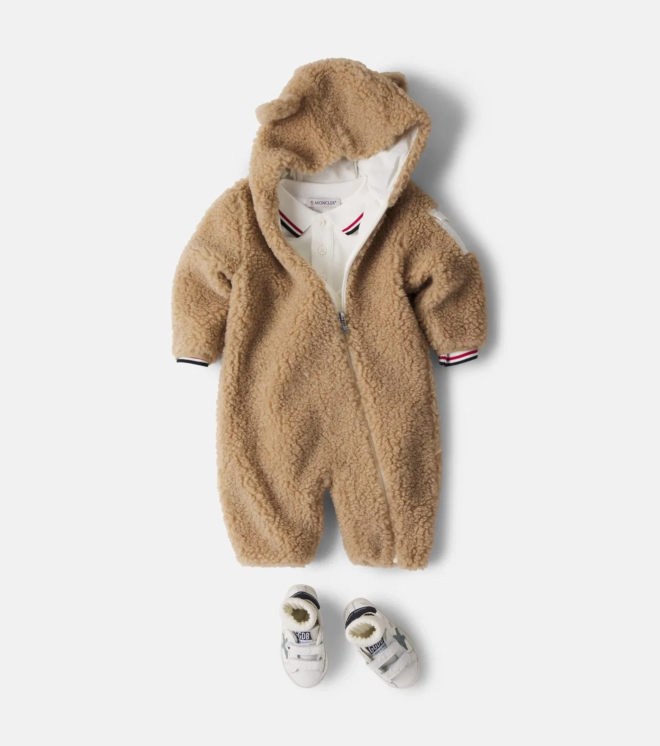Детский плюшевый комбинезон с капюшоном Moncler Enfant, бежевый — фото 2