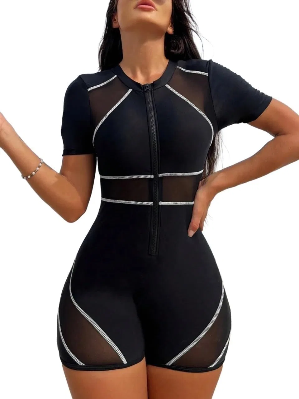 Женский полупрозрачный цветной монокини с коротким рукавом, Black