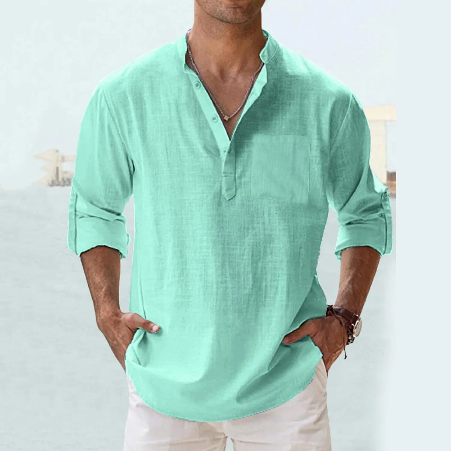 Мужская свободная рубашка с пуговицами Cotton Linen, Green — фото 2