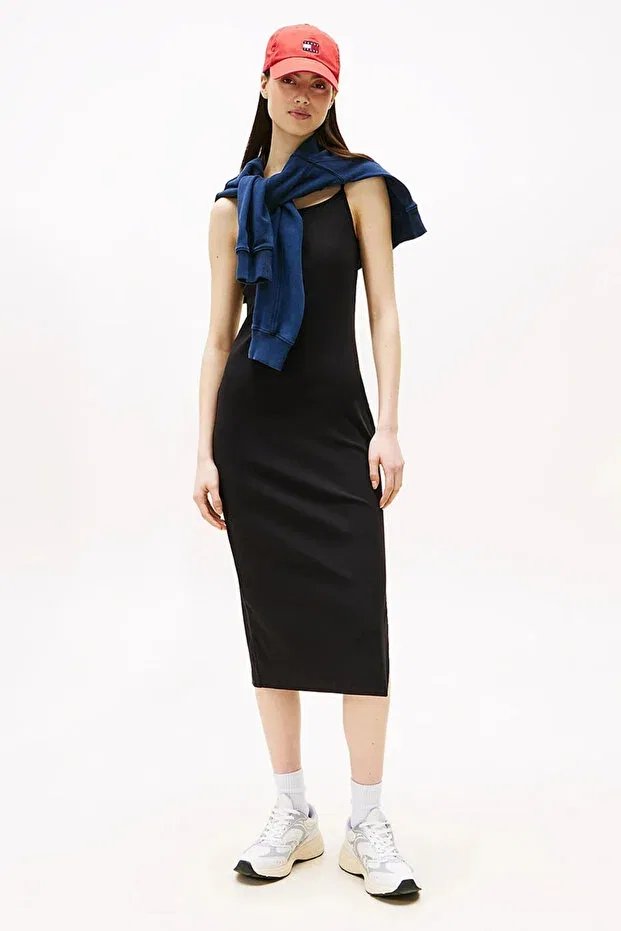 Женское платье-миди с принтом Tjw Strappy Badge Rib Midi Dress Tommy Hilfiger, Black
