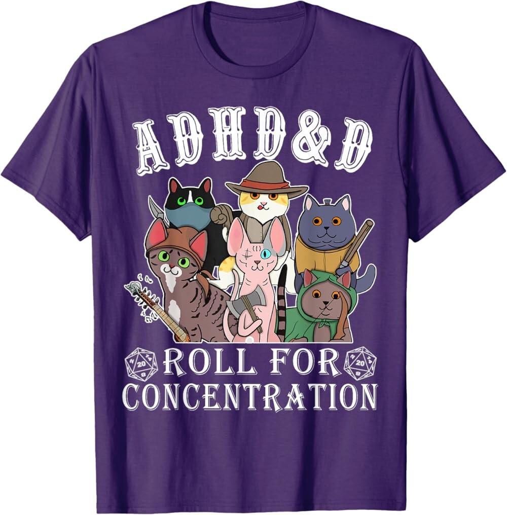 

Мужская футболка Funny Tees Gamer RPG Apparel Cats RPG Gamer Roll For Concentration D20 Dice Nerdy, фиолетовый