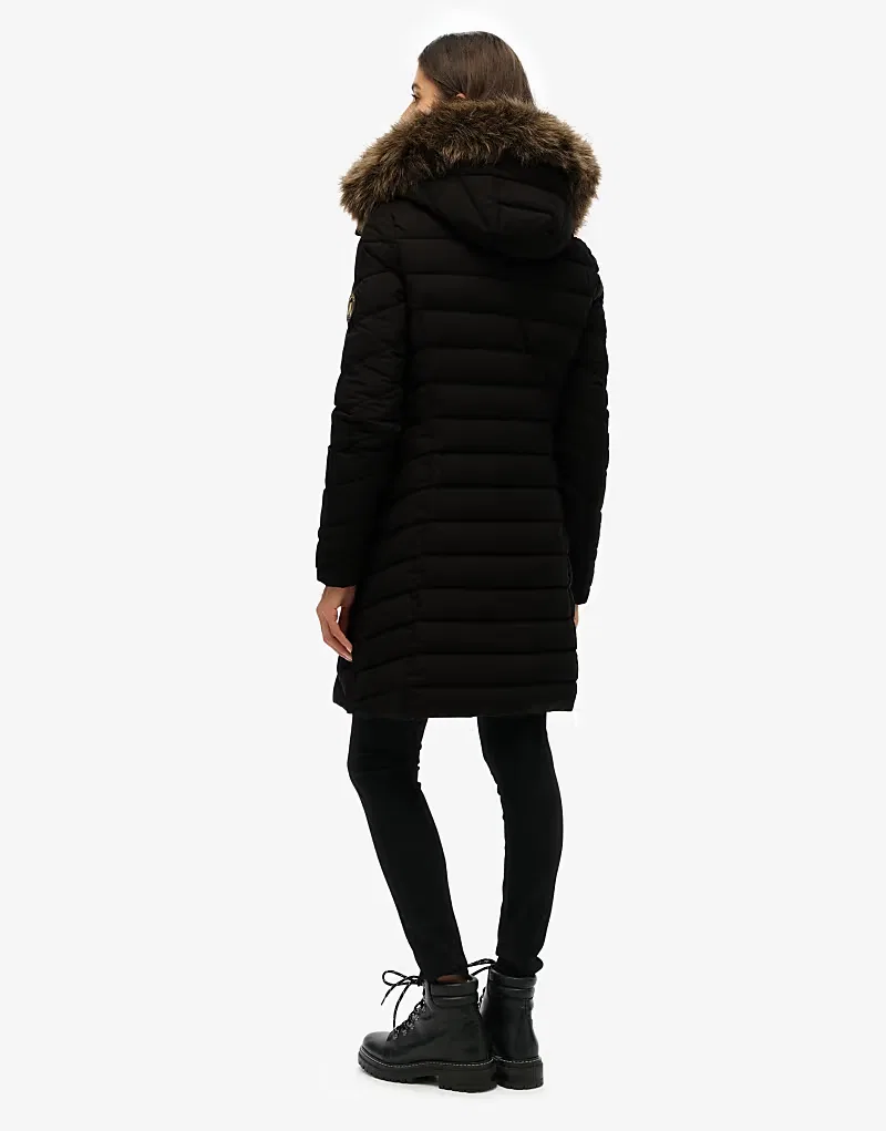 Пальто средней длины Superdry Fuji из искусственного меха с капюшоном, черный — фото 2