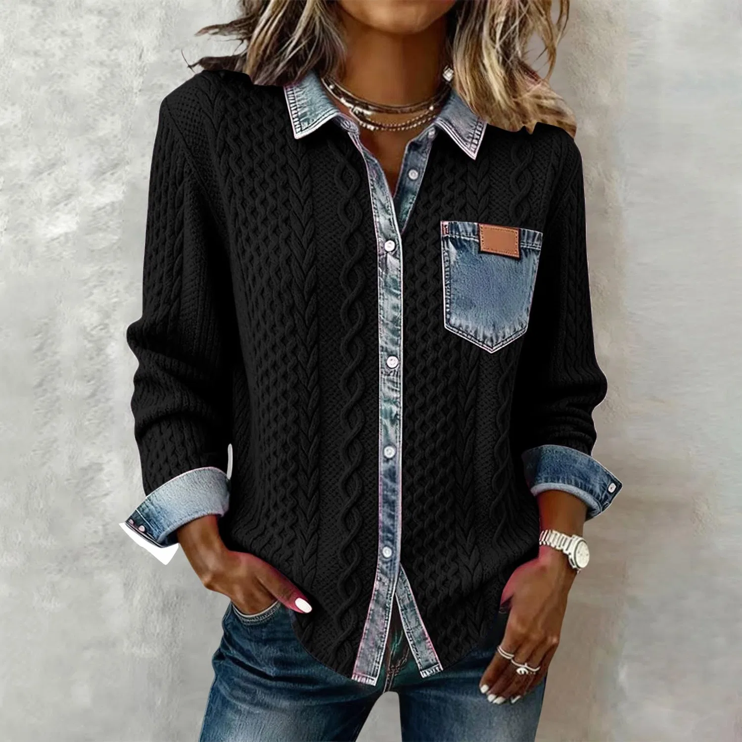 Женский джинсовый свитер с принтом Button Down, Nero Intenso — фото 2
