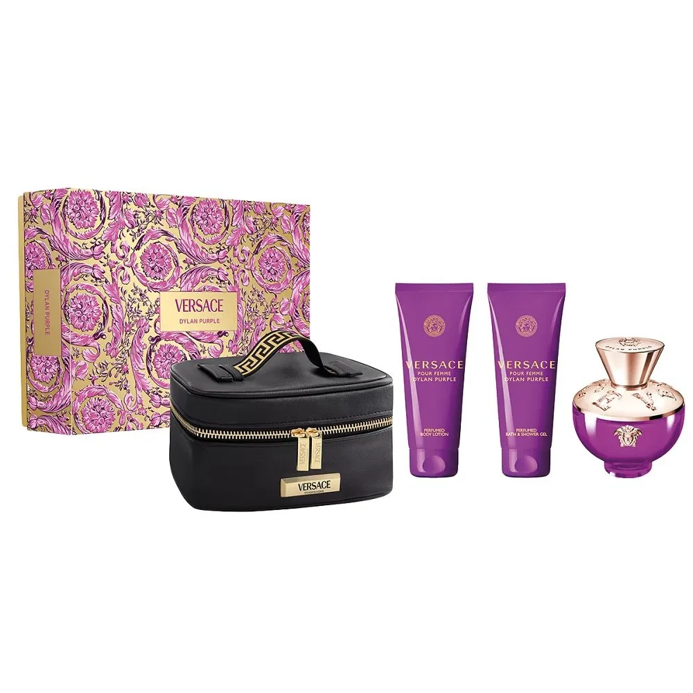 Женский набор парфюмерной воды Versace Dylan Purple Pour Femme 100 мл с гелем для душа, бальзамом для тела и косметичкой