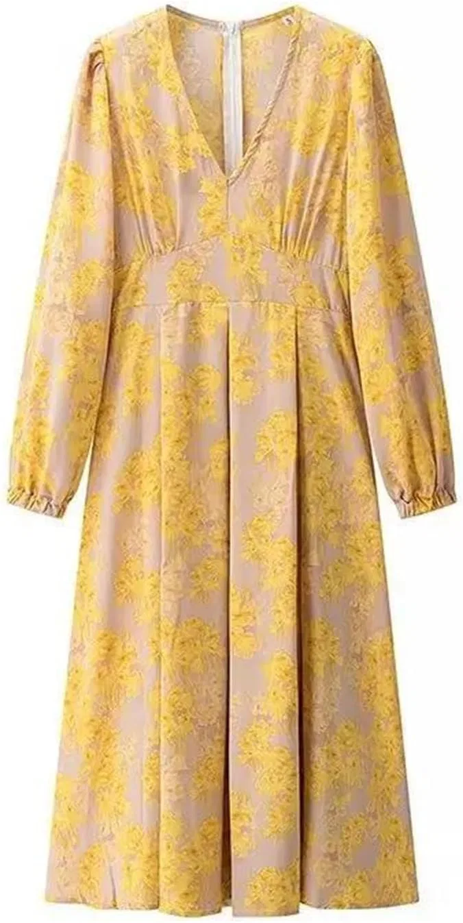 Женское летнее макси-платье с цветочным принтом, V-образным вырезом и рукавами-фонариками, Yellow — фото 3