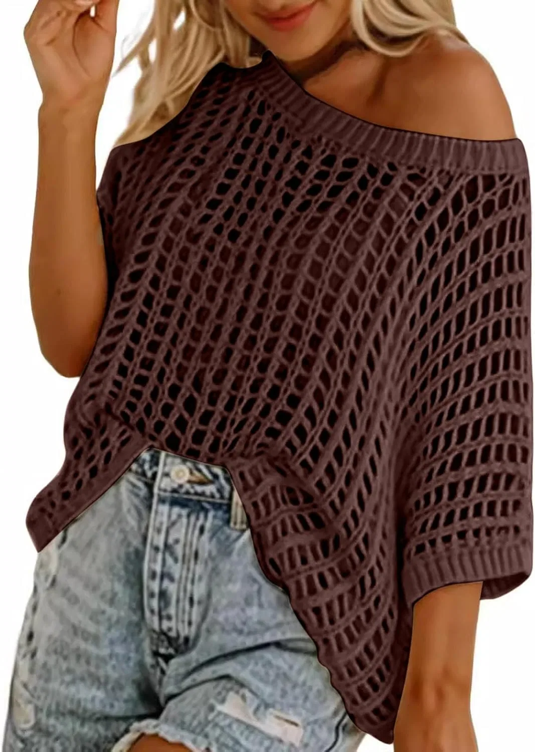 Женская вязаная пляжная накидка с коротким рукавом, Brown