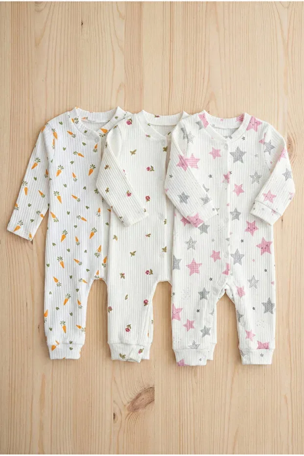 Детский комплект боди-комбинезонов из хлопка Ribbed Star Carrot and Floral Pattern Noone, 17 — фото 2
