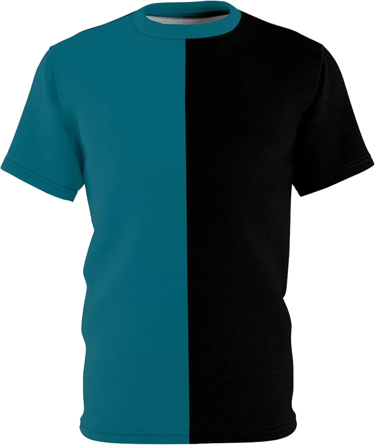 Футболка с принтом Half Teal Blue & Half Black, Black Stitching — фото 2