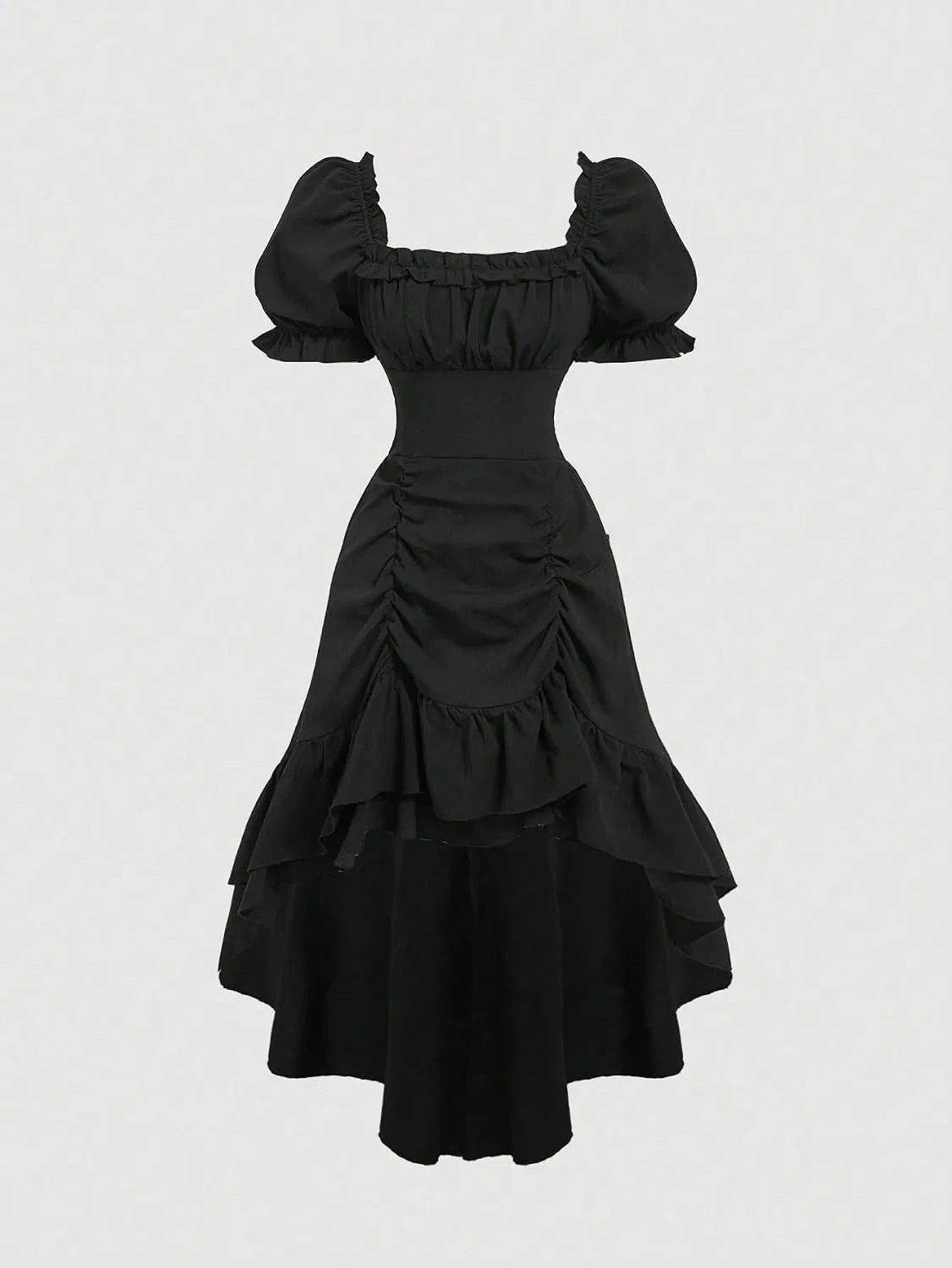 Женское элегантное A-line миди-платье с пышными рукавами, Black — фото 3