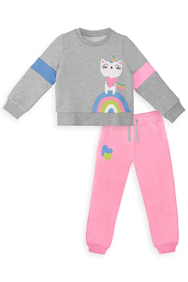 Детский комплект спортивного костюма для девочек с принтом Rainbow cat Denokids, Gray — фото 4