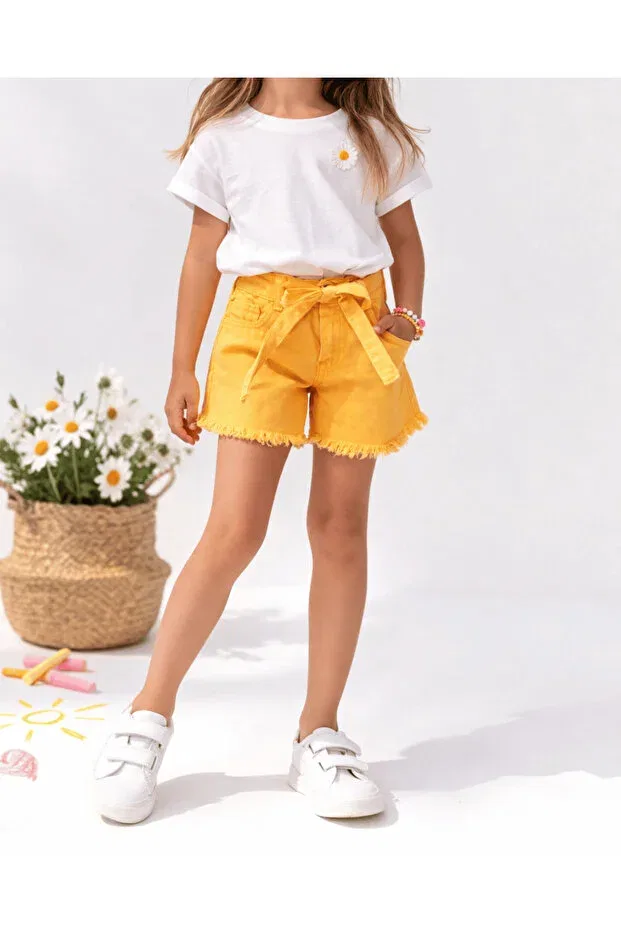 Детские шорты для девочек из габардина с поясом и кисточками Generic Brands, Yellow — фото 4