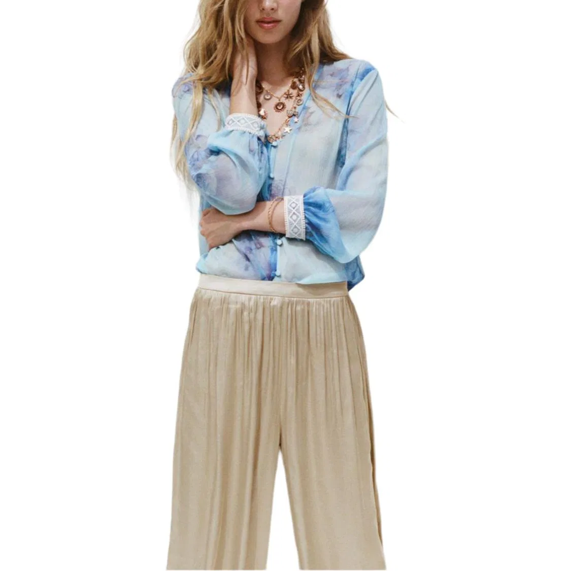 Женская рубашка с круглым вырезом Blue/White ZARA — фото 4