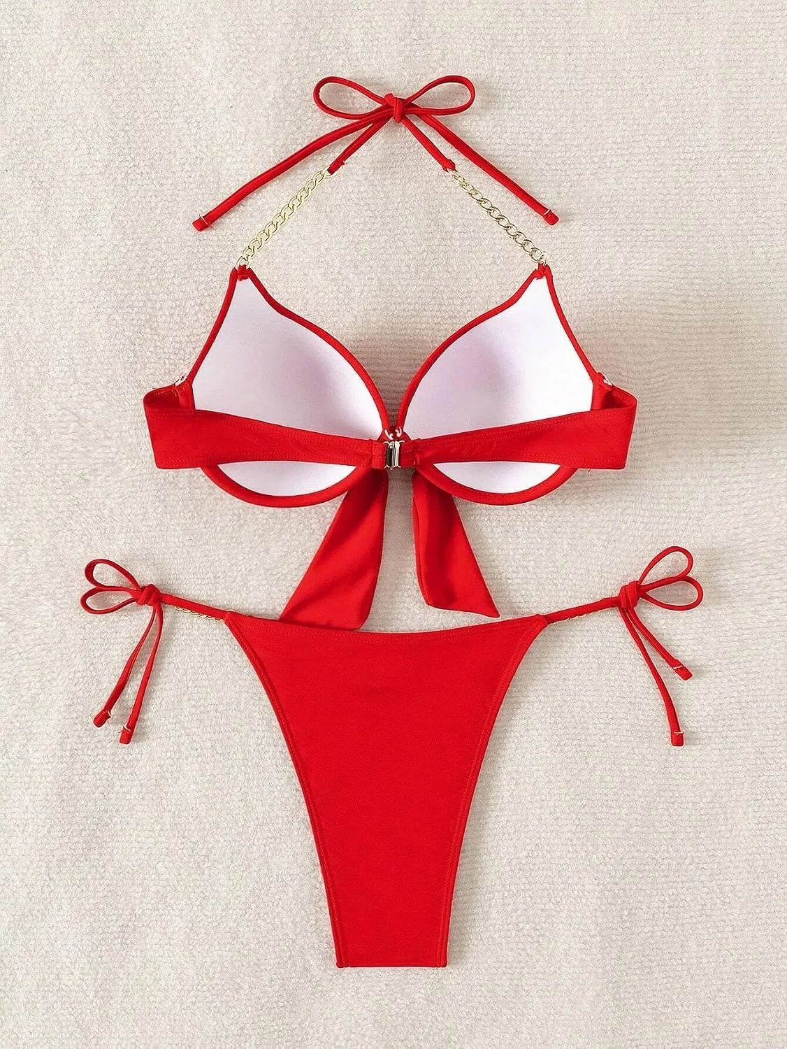 Женский бикини-сет с завышенной талией Push Up, Halter, Red — фото 4