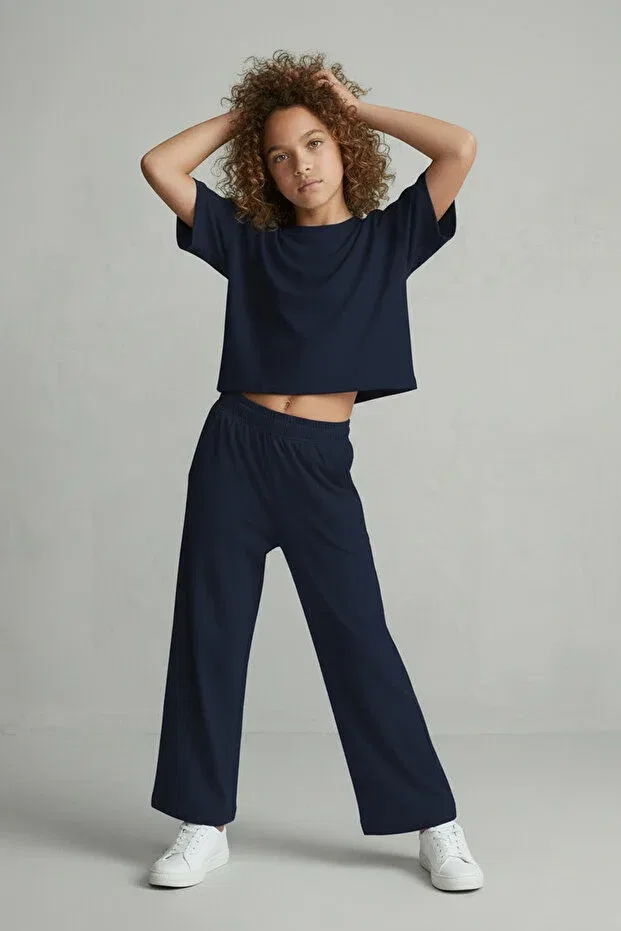 Детские брюки для девочек с принтом Lumy combed cotton girls' wide-leg summer trousers Colorinas, Navy Blue — фото 3