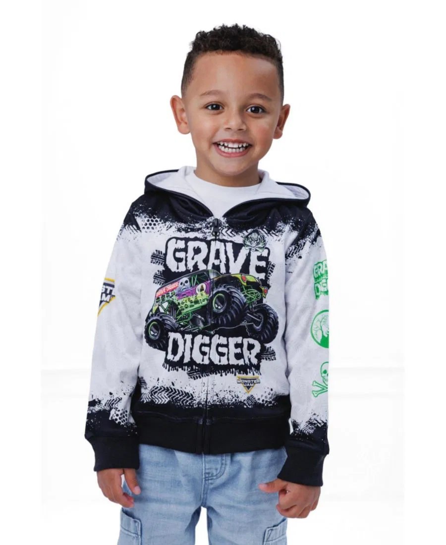 Детская футерная худи-кофта на молнии с принтом Grave Digger Monster Jam Monster Jam, Grave Digger White — фото 2
