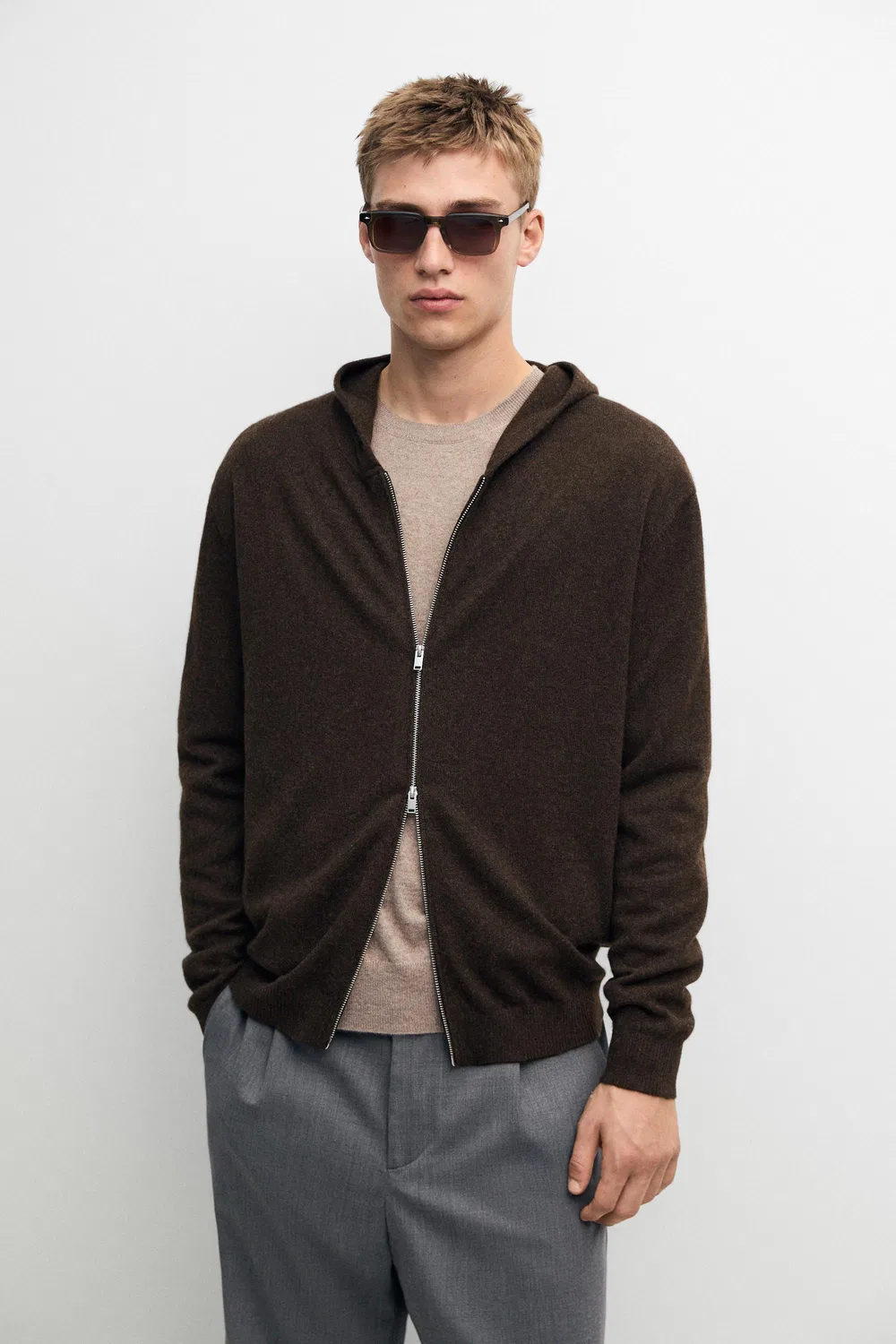 Кардиган Massimo Dutti 100% Cashmere Hooded Knit, коричневый меланж