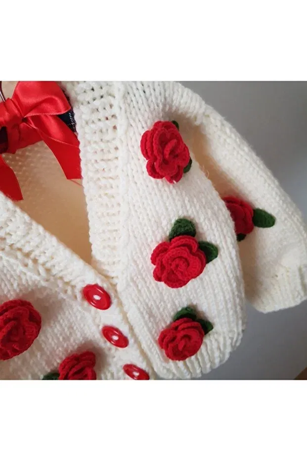 Детский кардиган с длинным рукавом Rose Detailed Hand Knitted Children's Cardigan El Örgüsü, White — фото 4