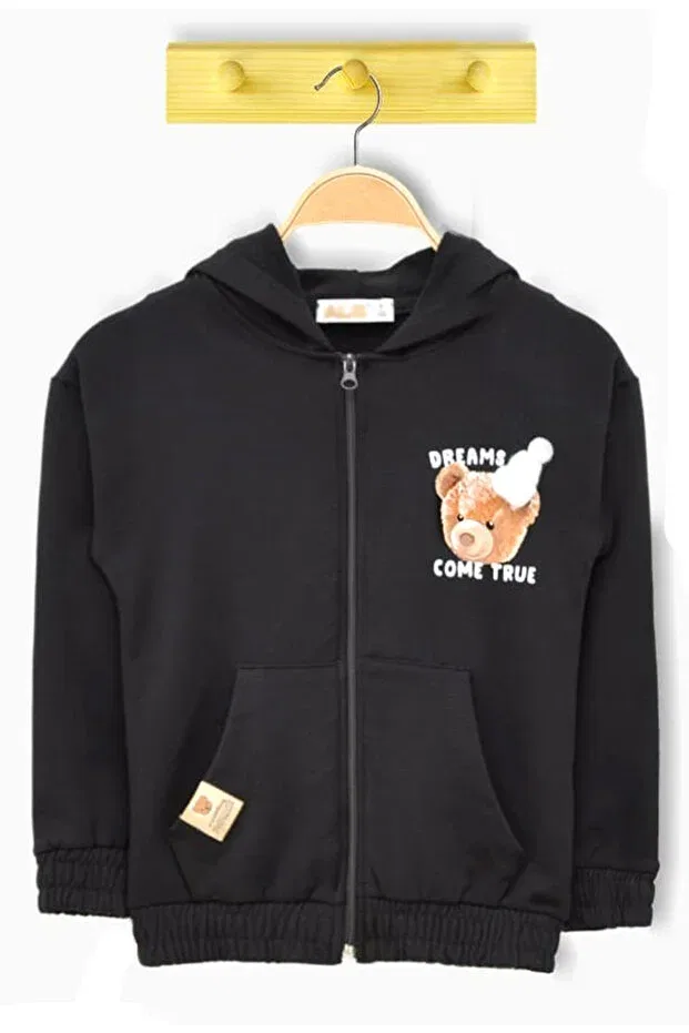 Детское худи для девочек с принтом Bear Printed Hooded Sweatshirt Dijitex, Black — фото 2