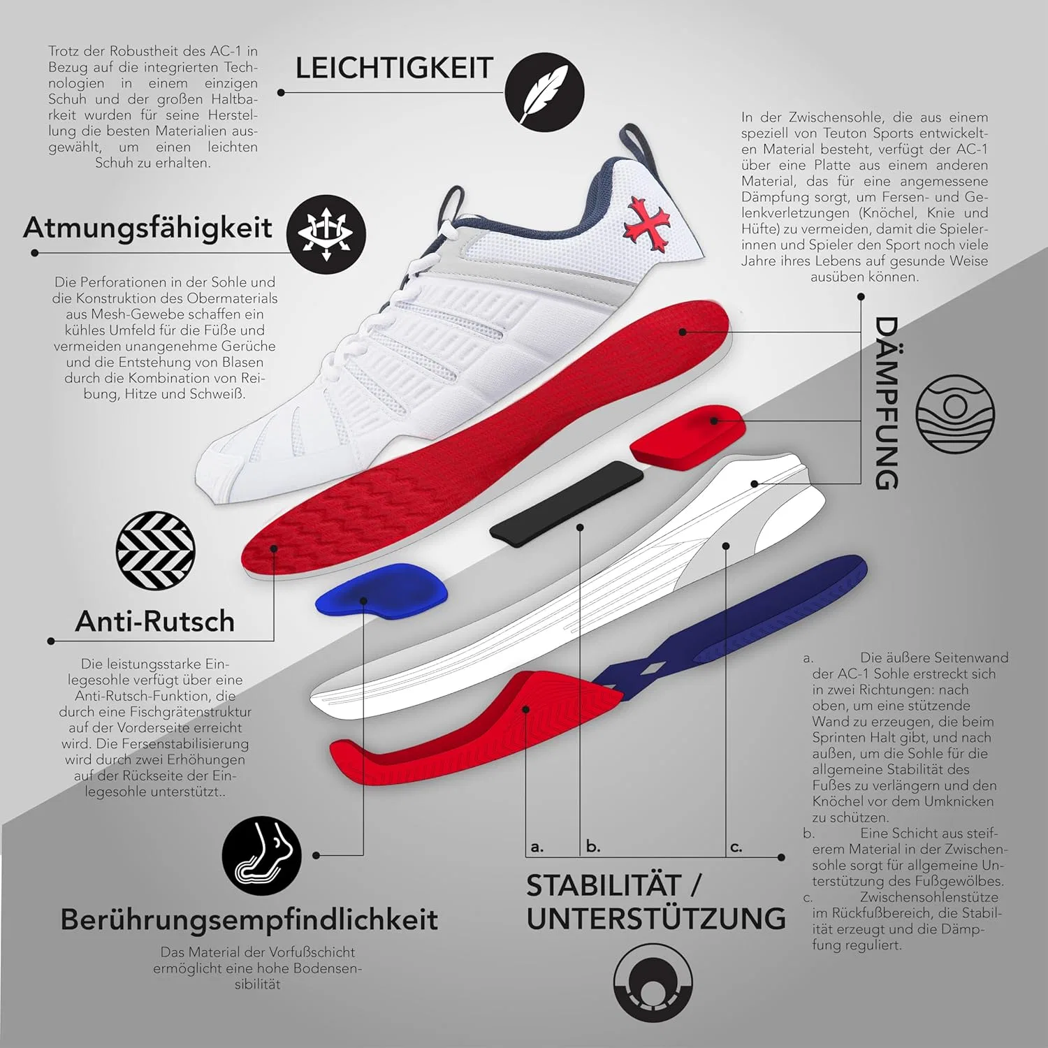 Кроссовки Teuton, AC1 All-Court Shoes, Indoor Shoes - Squash Tennis Handball Padel Volleyball Pickleball - Indoor Shoes, White — фото 2