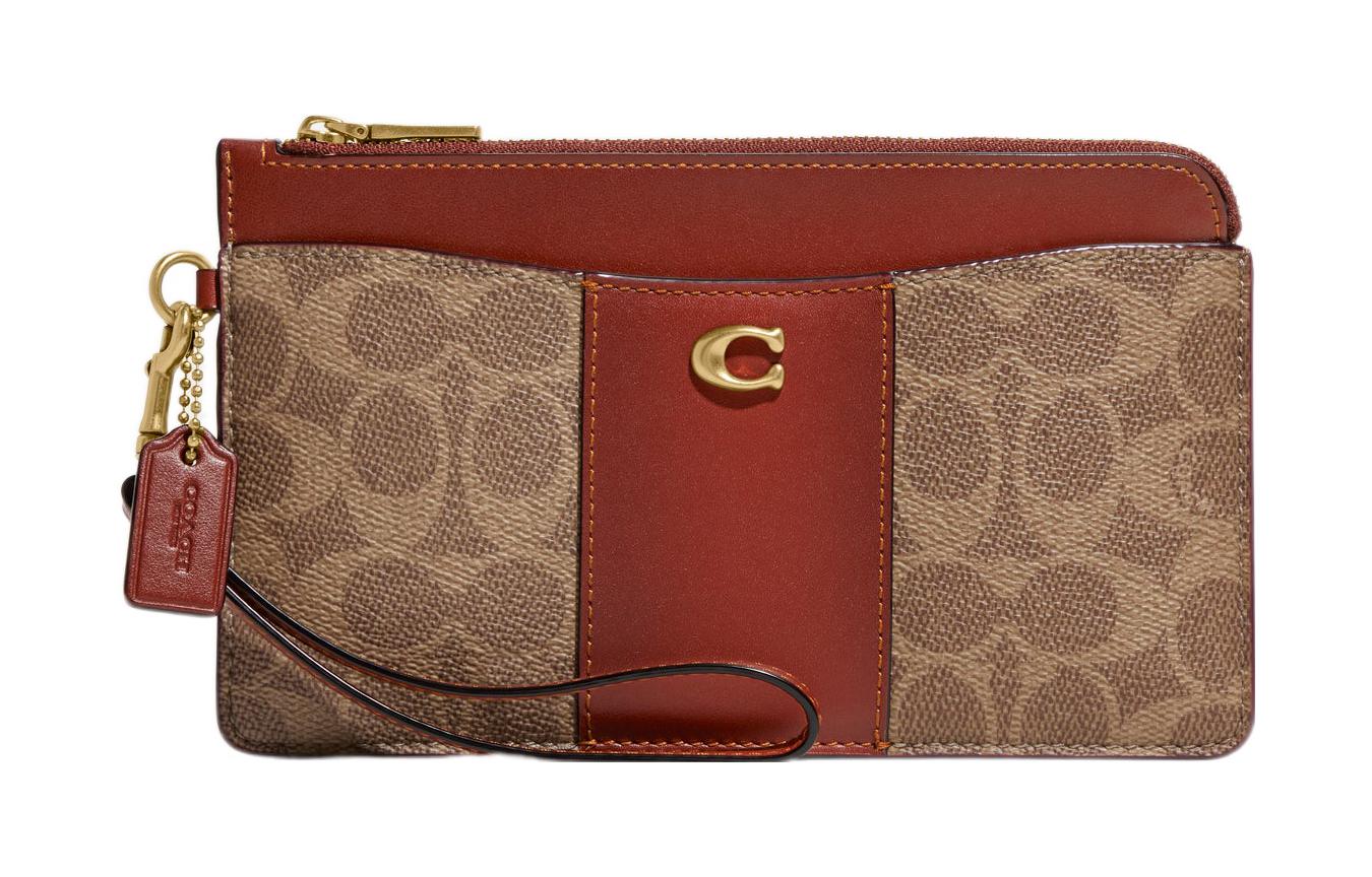 

Сумка-кошелёк на молнии из холста с кожаным ремешком на запястье женская коричневая COACH