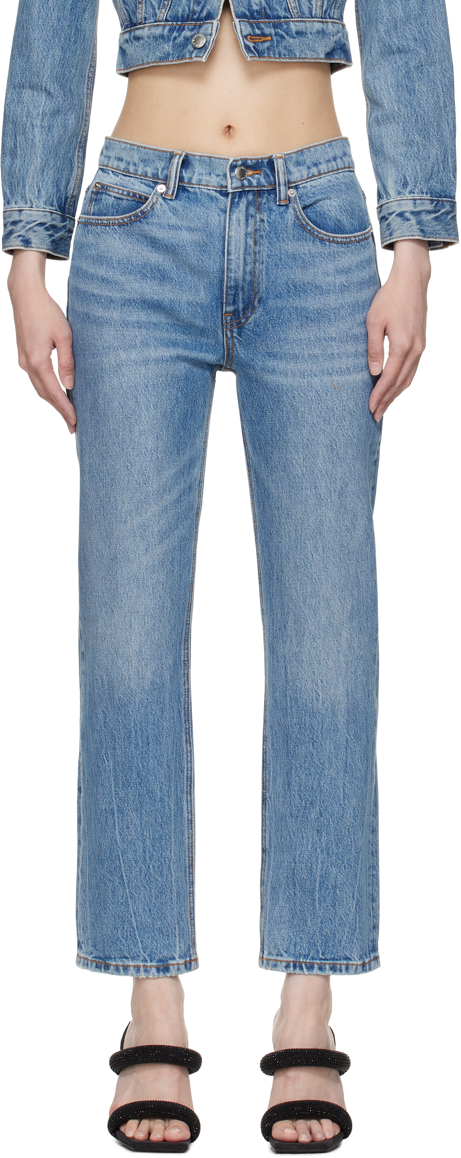 

Синие джинсы OG с высокой посадкой и зауженными бретелями Alexander Wang, Vintage light indigo