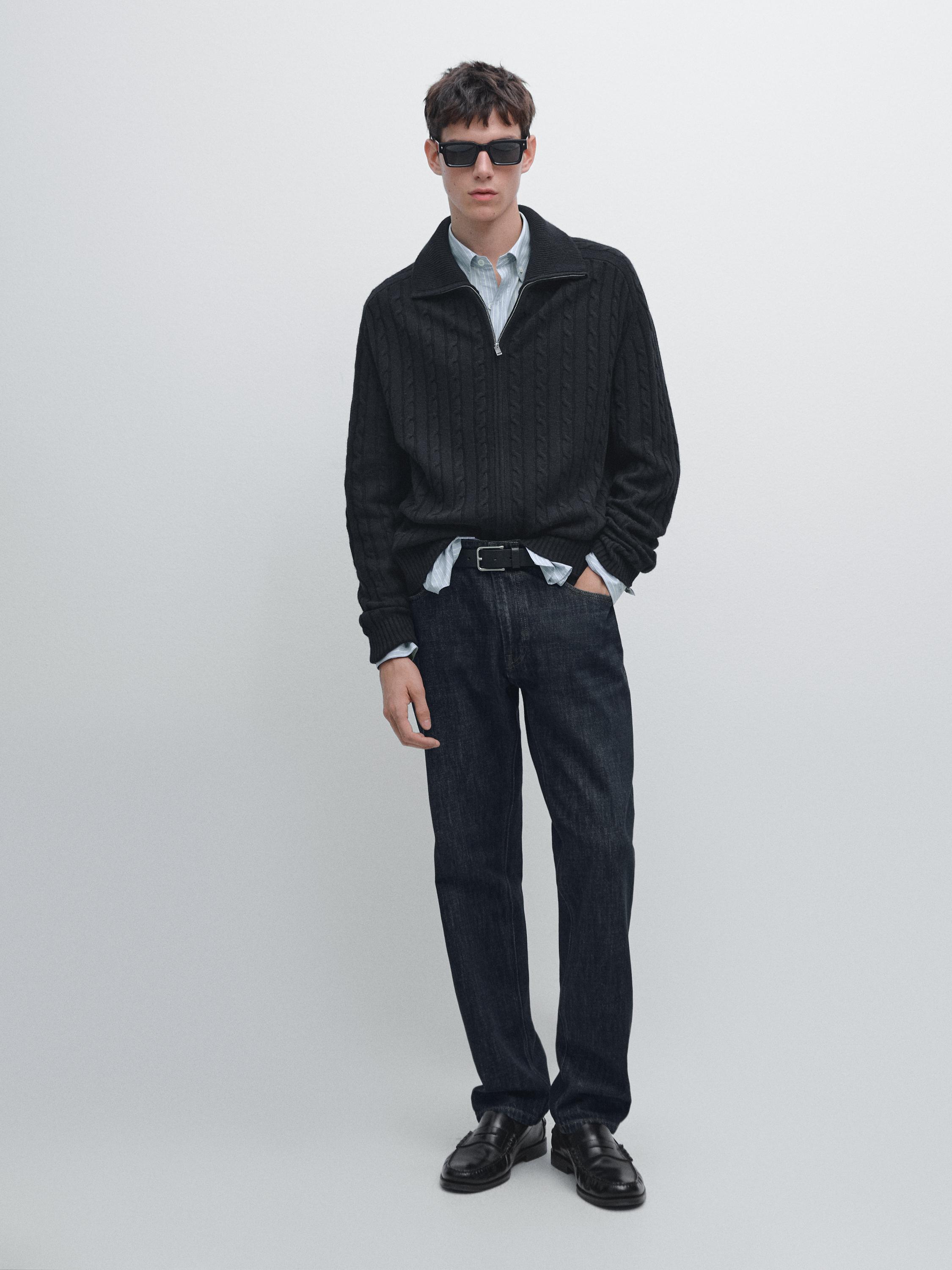 

Кардиган на молнии из 100% шерсти, вязка косами Massimo Dutti, темно-синий