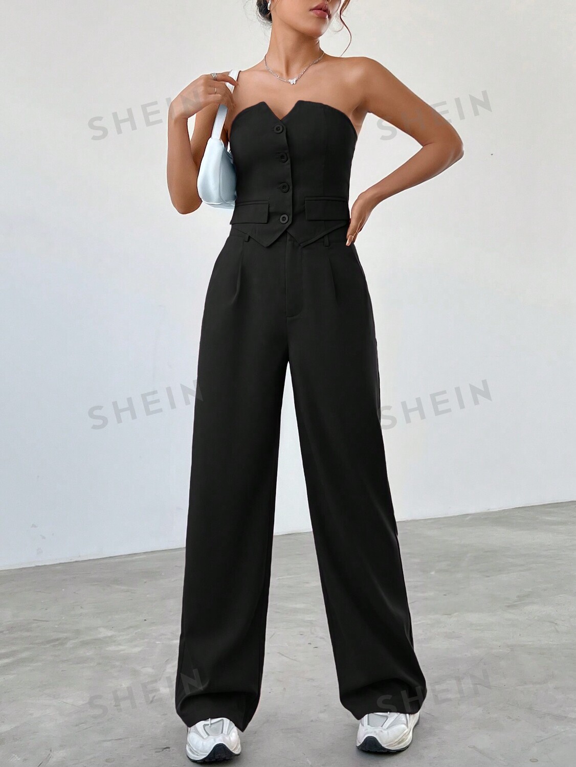 

Топ женский и брюки Shein Ezwear с однобортной застежкой, черный