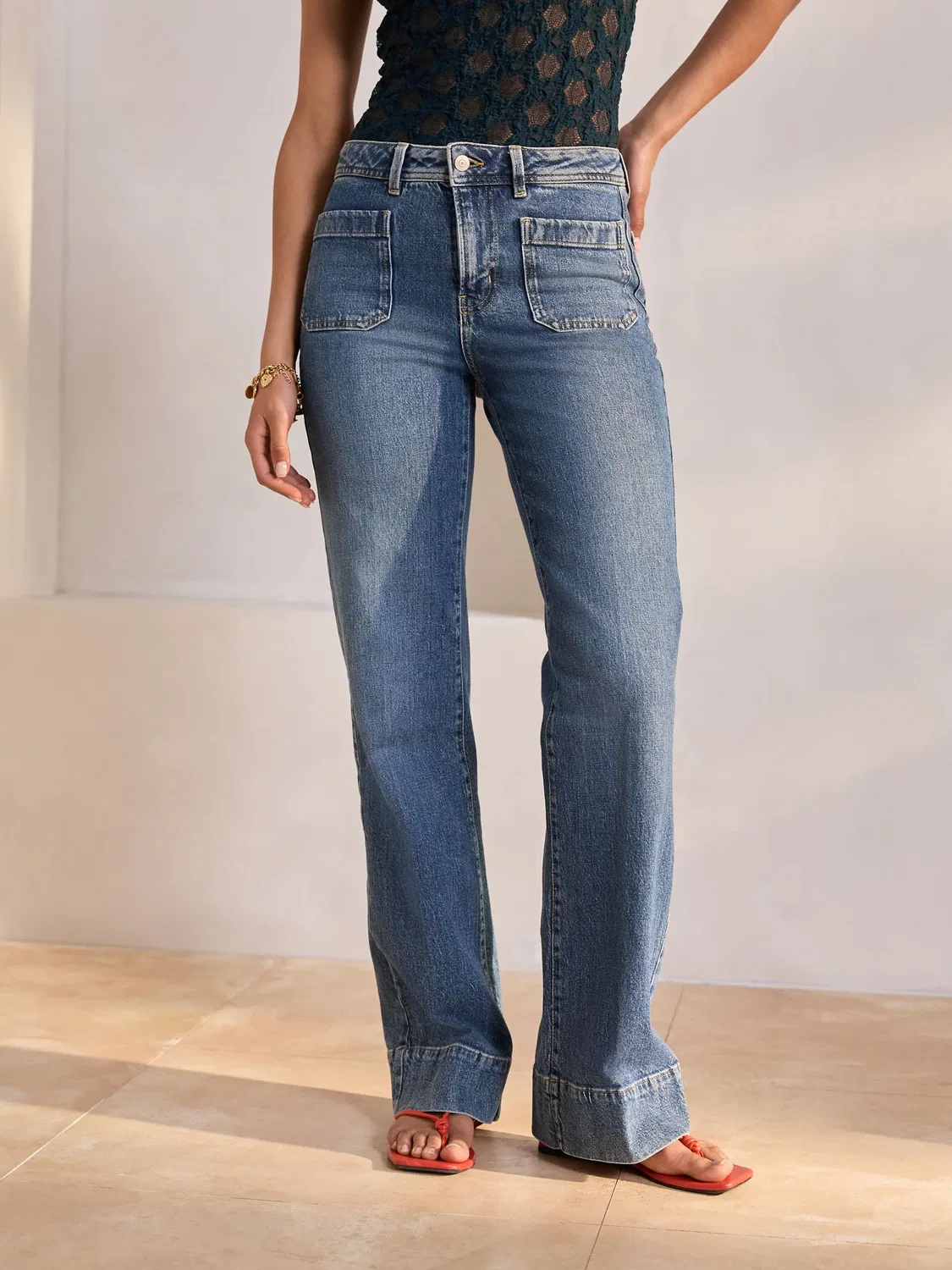 Джинсы широкие с накладными карманами Mid Blue Patch Pocket Wide Leg Next, Средне-синий — фото 3