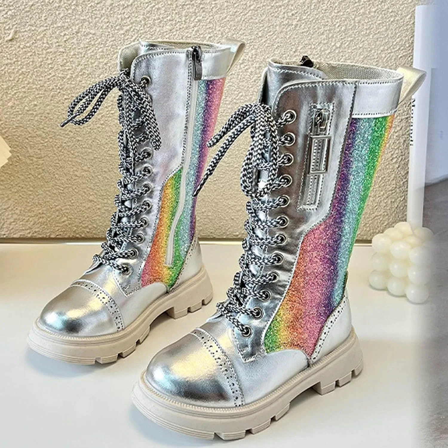 Детские сапоги для девочек с молнией и шнуровкой с блестками, Silver — фото 3