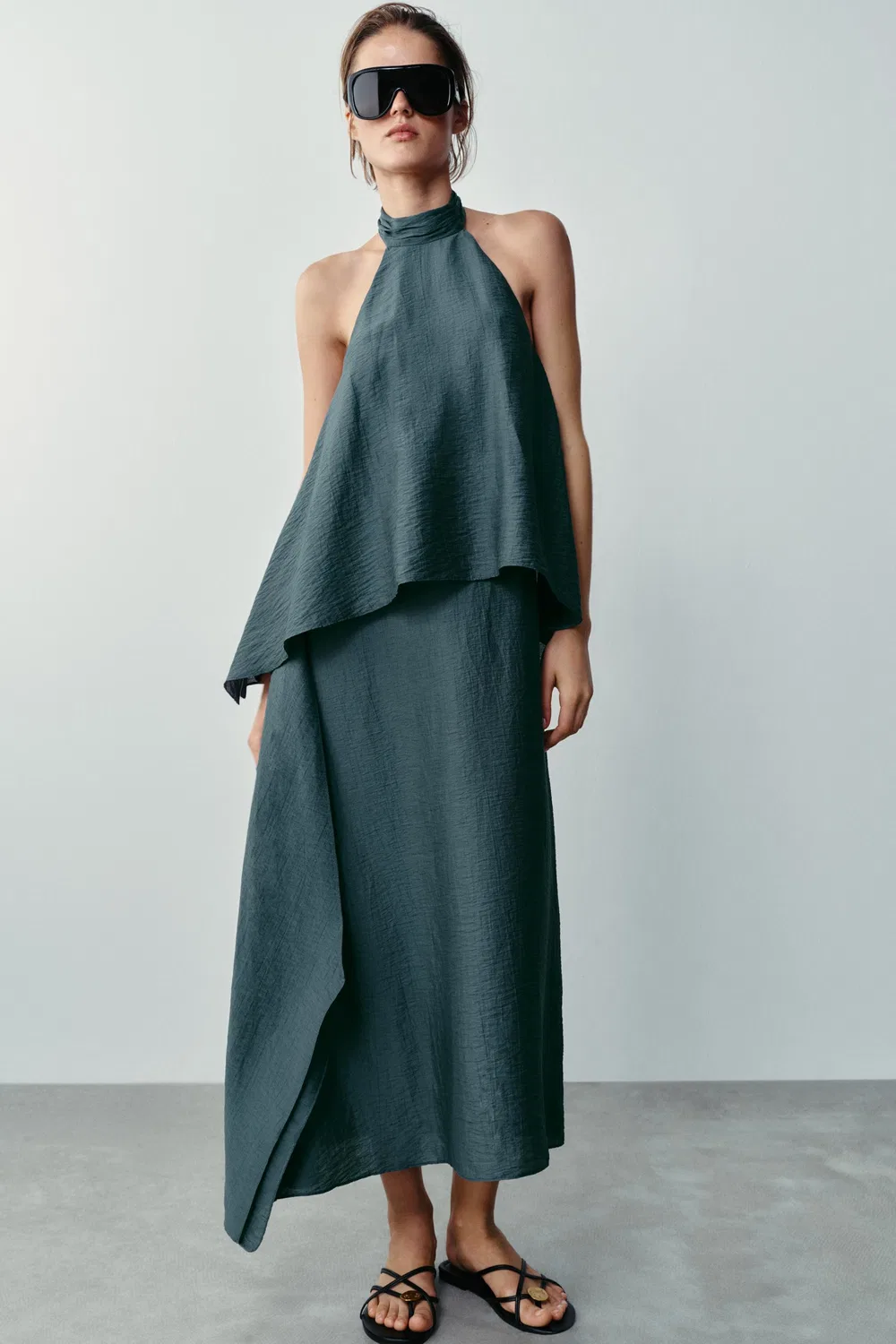 Платье-миди из льняной смеси с завязками на шее. ZARA, Charcoal grey
