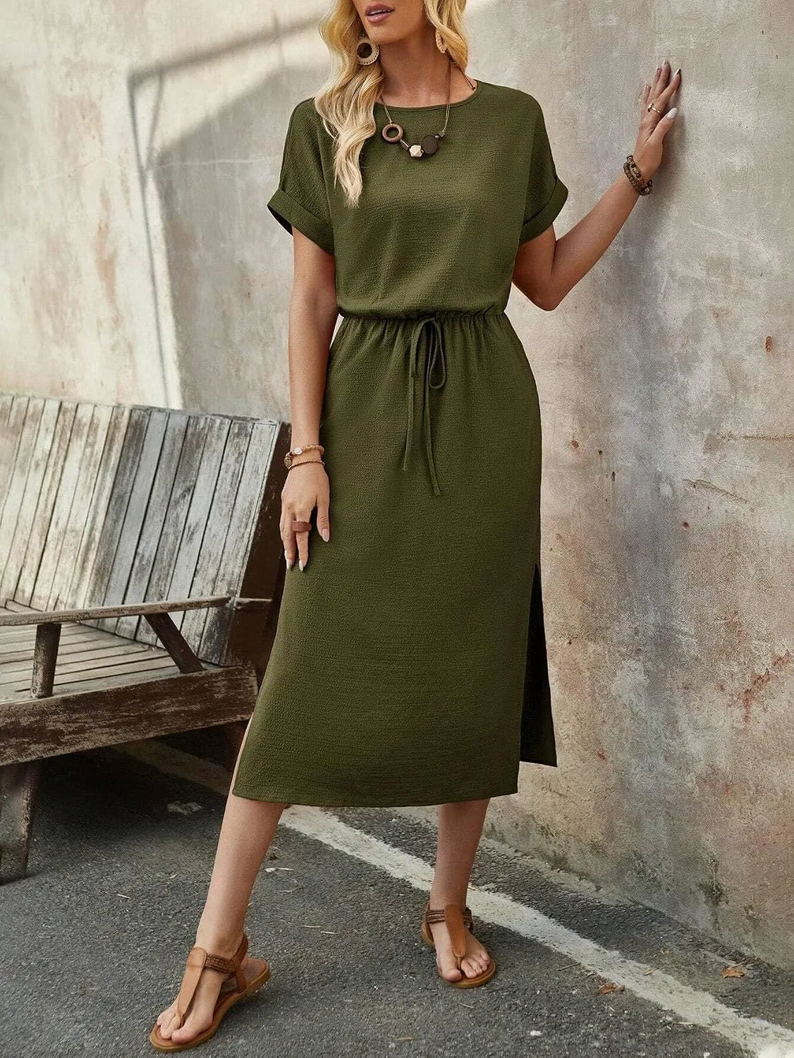 Женское летнее платье миди с узлом и разрезом, Army Green — фото 2