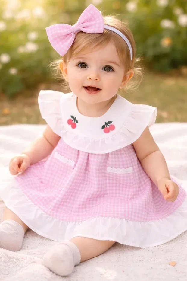 Детское платье для девочек с принтом Cherry Embroidered Pink Gingham Bilge Trend, Pink
