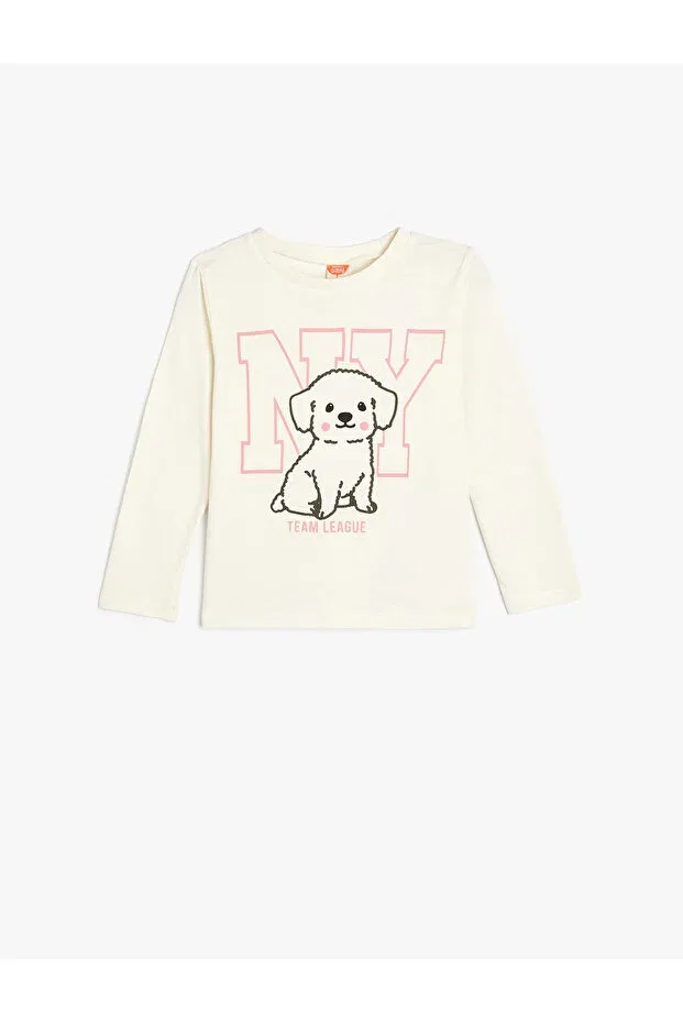 Детская футболка с длинным рукавом Dog Print Long Sleeve Cotton Crew Neck T-Shirt Koton, Ecru
