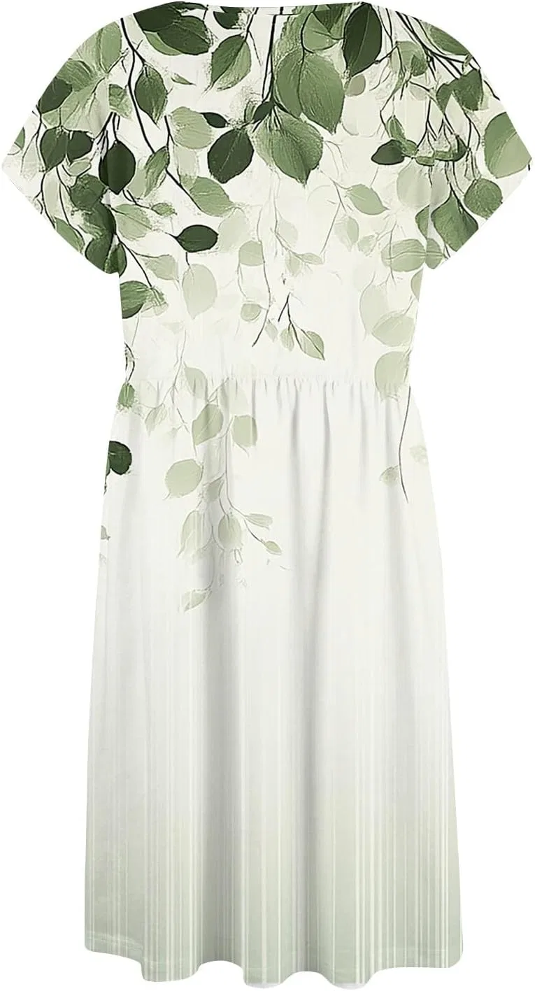 Женское летнее платье миди с цветочным принтом и карманами, Dark Green — фото 4