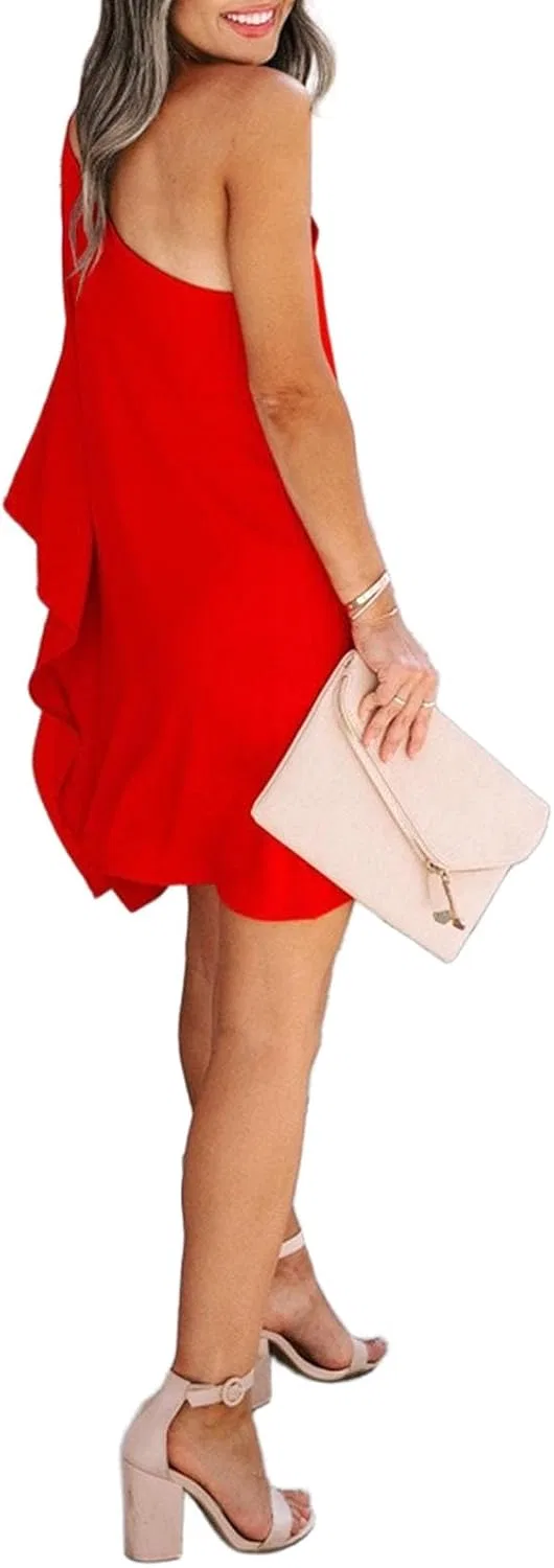 Женское асимметричное платье с одним рукавом летучей мыши Casual Elegant, Red — фото 4