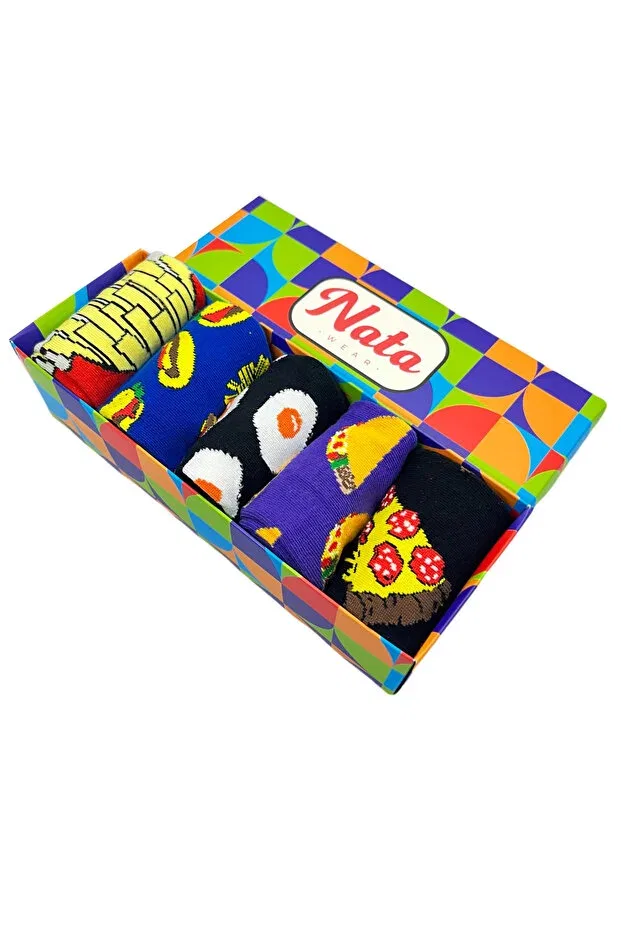 Детские носки с принтом 5-Piece colorful unisex fast food maize, tako, hamburger, sausage, egg, pizza socks box Generic Brands, Multi-Colored