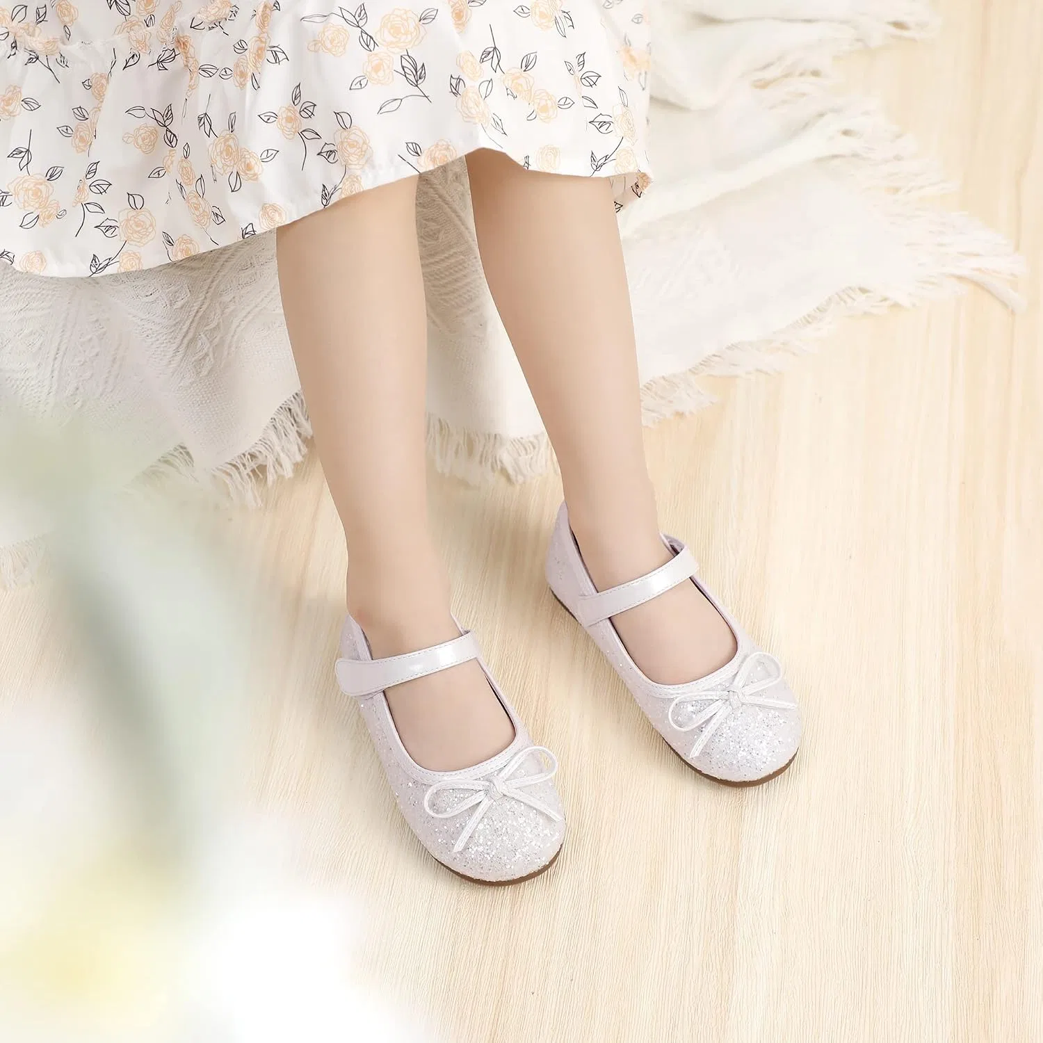 Детские балетки для девочек с бантом Mary Jane PANDANINJIA, White Sequin — фото 2