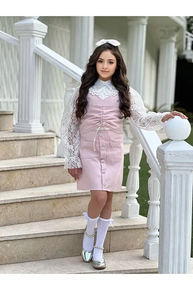 Детское платье для девочек кружевное Girl child 3-11 years old lace detailed shirt collar dress i vintage style lace sleeves stylish dress Yalçınoğlu Kids, Powder
