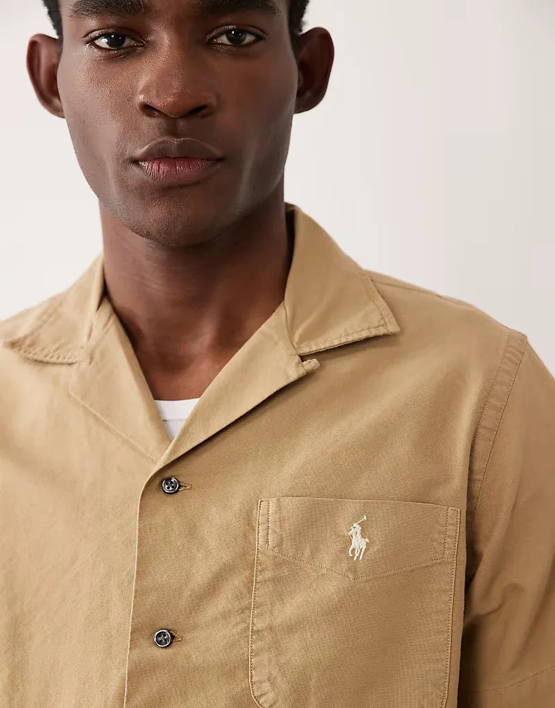 Хлопковая рубашка Polo Ralph Lauren с коротким рукавом, бежевый — фото 3